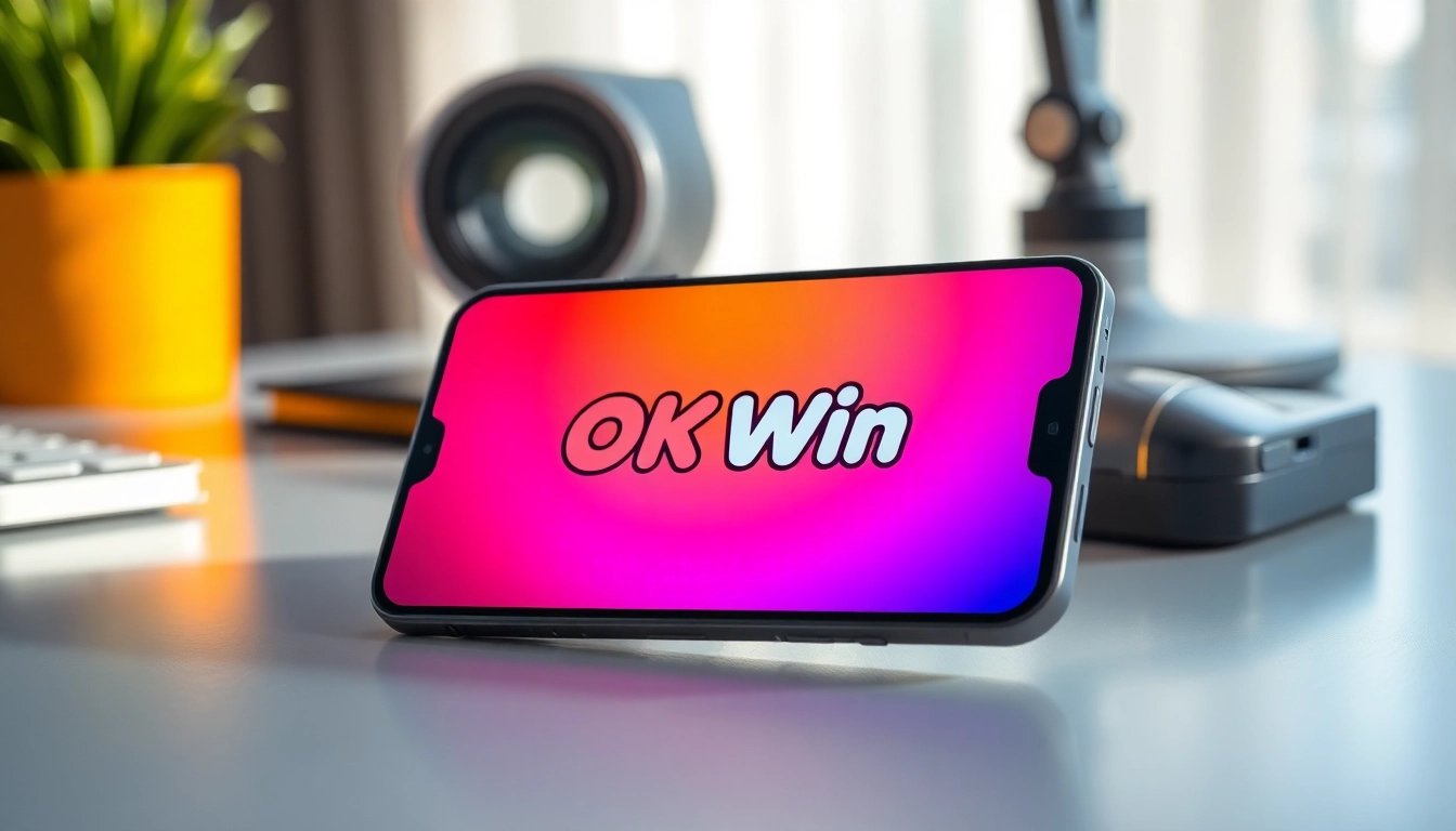 Engage with the ok win app interface on a stylish smartphone on a well-lit desk.