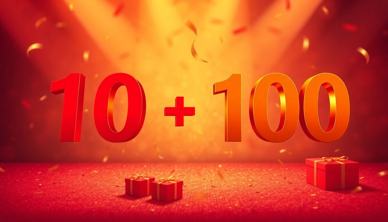 Promote the exciting offer '10รับ100' with a vibrant, engaging banner showcasing celebratory elements.