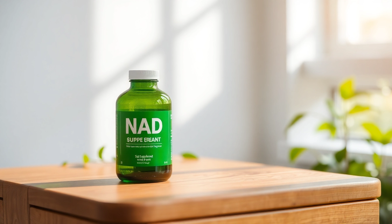 Boost energy and vitality with this vibrant NAD Supplement bottle resting on a sunlit wooden table.