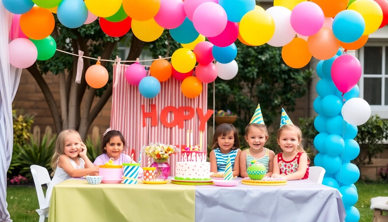 Set up Birthday Party Rentals with colorful decorations and happy children celebrating outdoors.