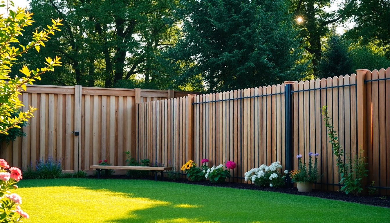 Explore different styles of fencing companies Manchester showcasing wooden and metal fencing in a sunny backyard.