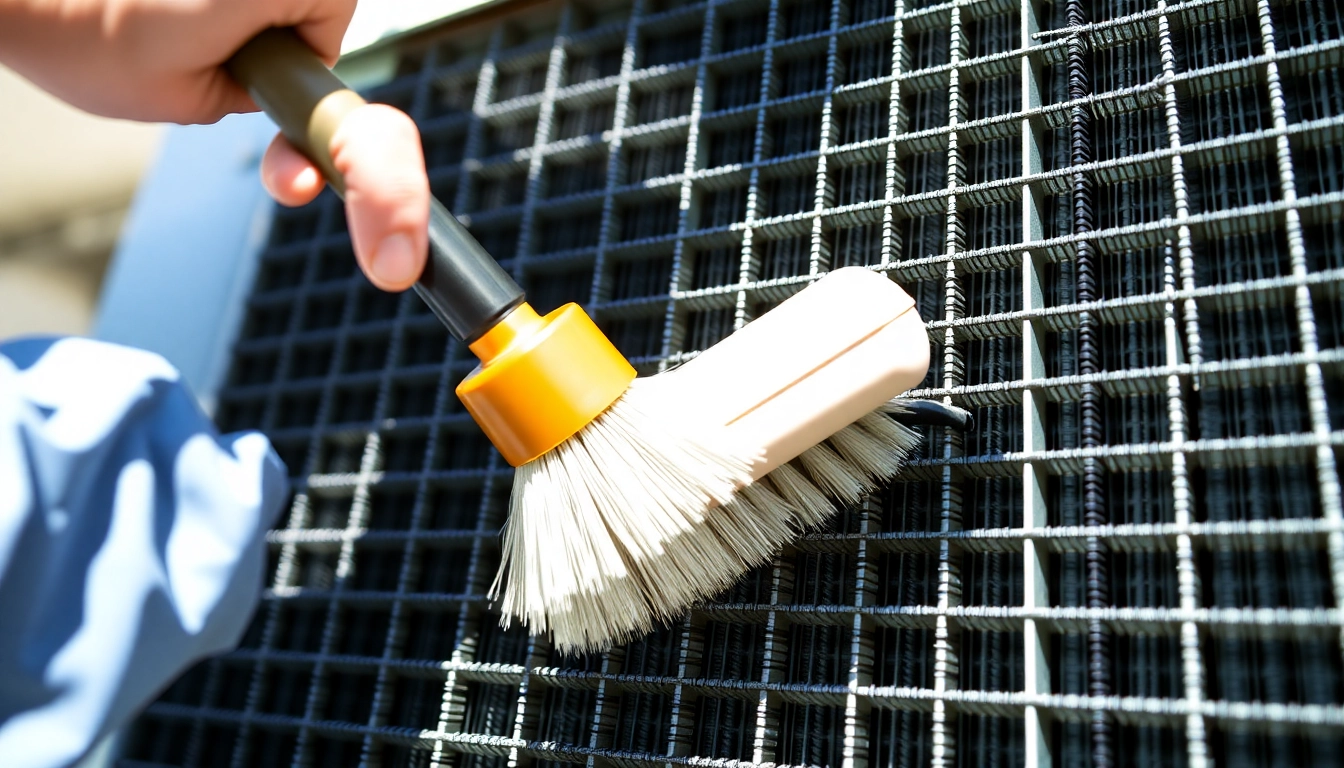 Cleaning air conditioner condenser coils with a brush for optimal performance and efficiency.