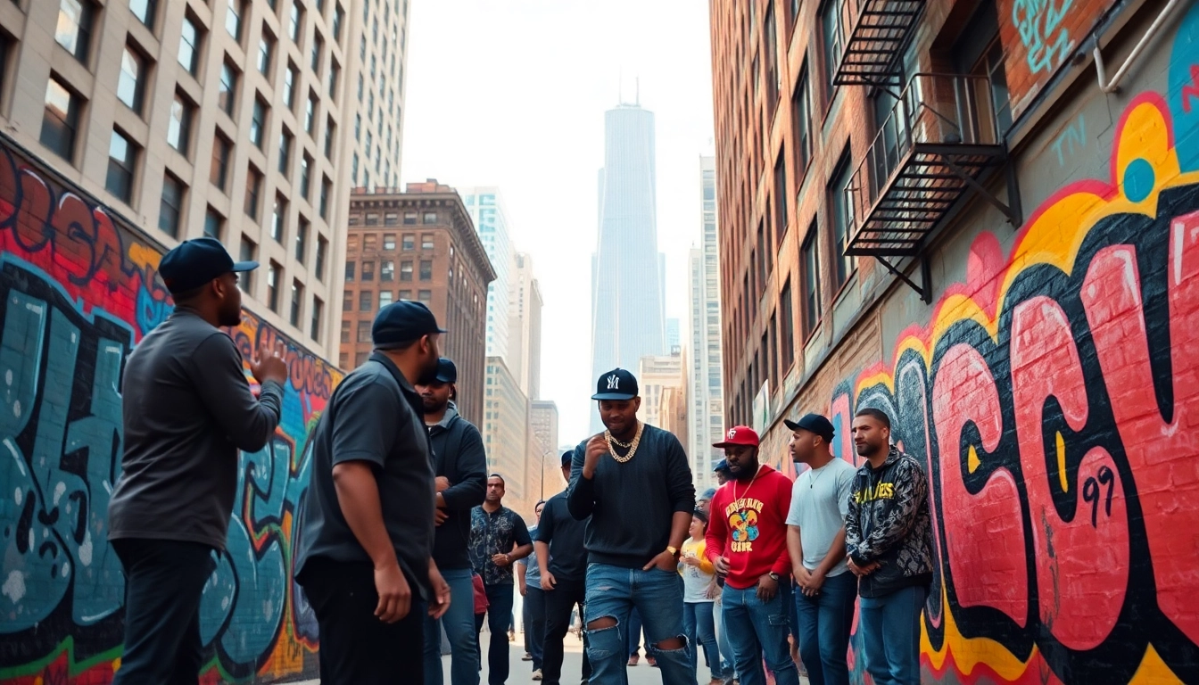 Artists engaging in dynamic rap culture in Chicago, showcasing vibrant street art and urban energy.