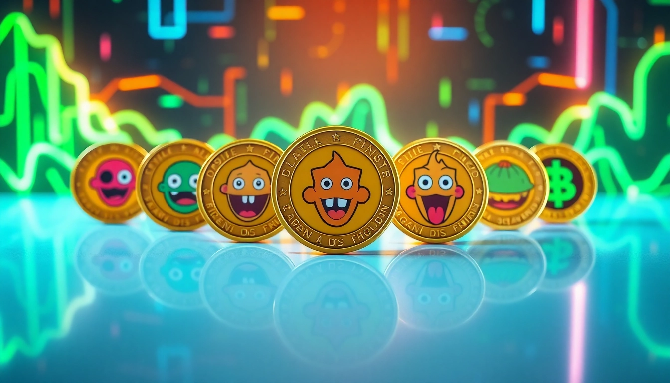 Engaging visualization of iconic meme coins showcasing popular meme designs set in a vibrant digital landscape.