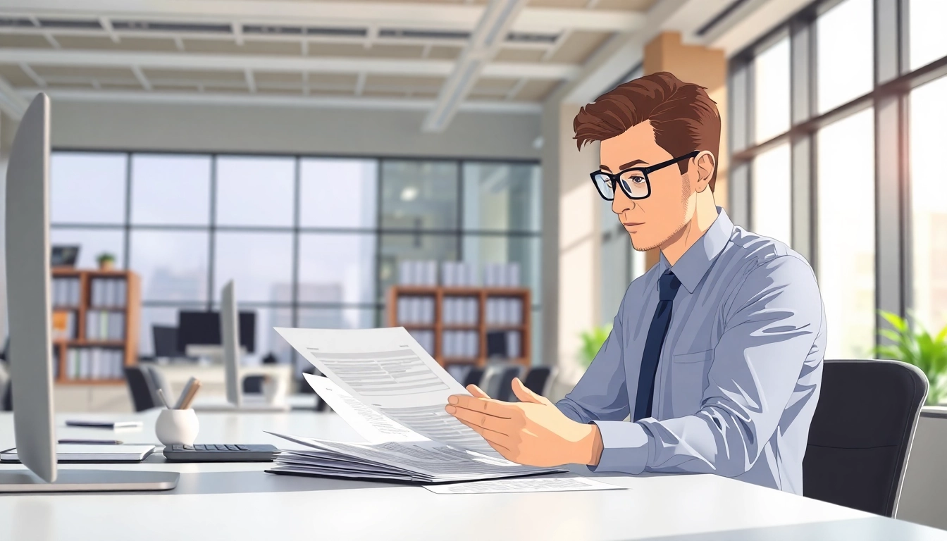 Engaging image of Compliance Auditing Services where an auditor reviews financial documents in a bright office.