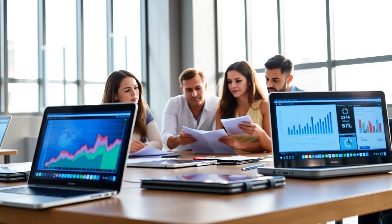 Team analyzing crushai data visualizations in a bright, modern office setting.
