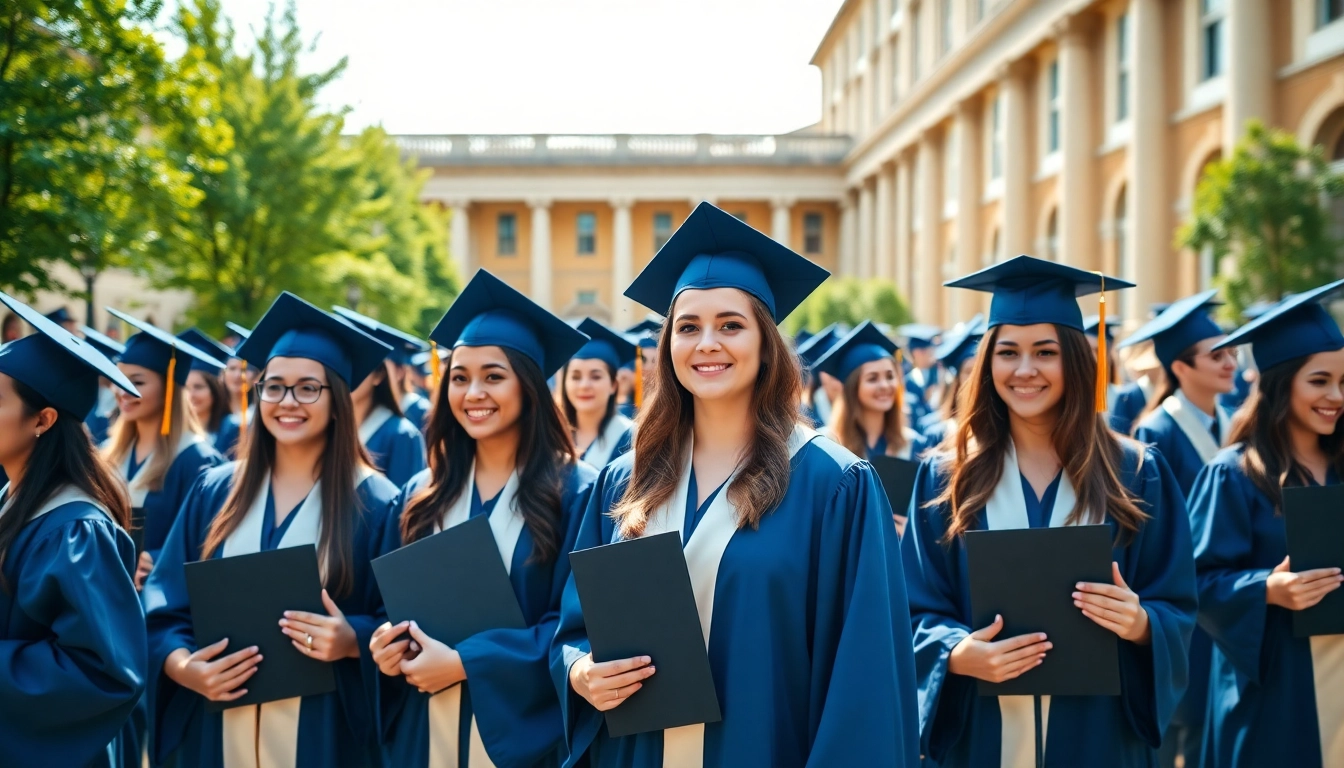 Graduates celebrating with their original UK degrees at a university graduation ceremony.