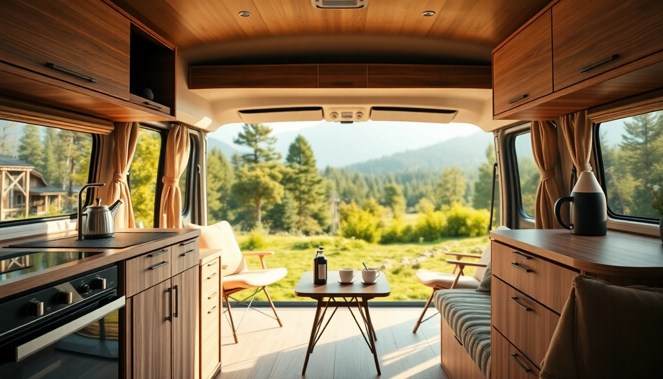 Interior of a perfect campervan with cozy living space and modern kitchen setup.