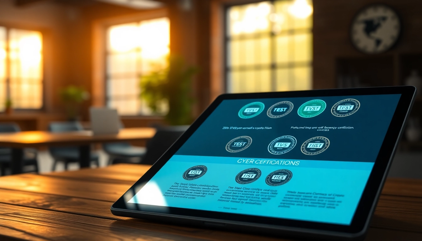 Showcasing cybersecurity certifications on a tablet in a professional office setting for expert validation.