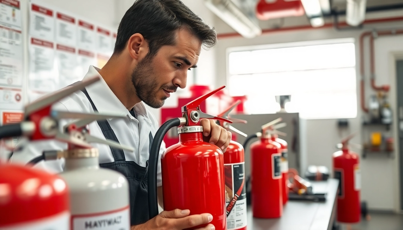 Technician performing fire extinguisher servicing Cannock for safety compliance.
