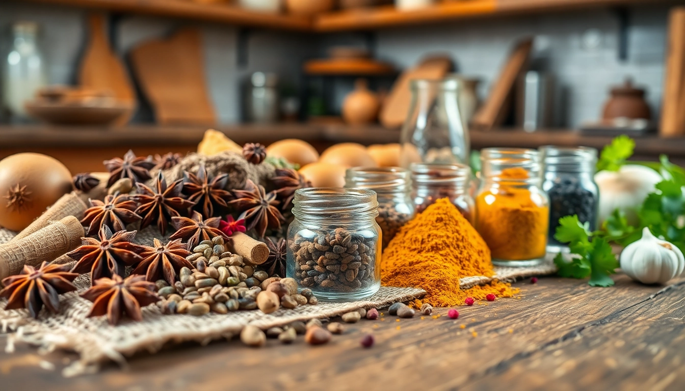 Épices orientales variées étalées sur une table en bois rustique, mettant en valeur les textures et couleurs.