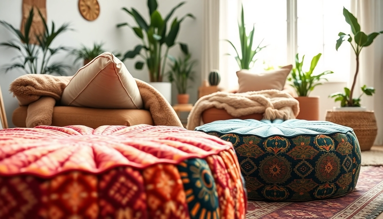 Stylish Cactus silk Poufs enhancing a bohemian living room, showcasing texture and vibrant colors.