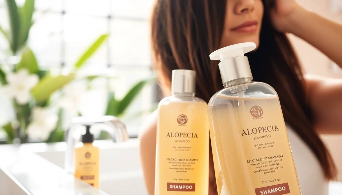 Applying shampoo for alopecia in a calming bathroom setting with greenery.