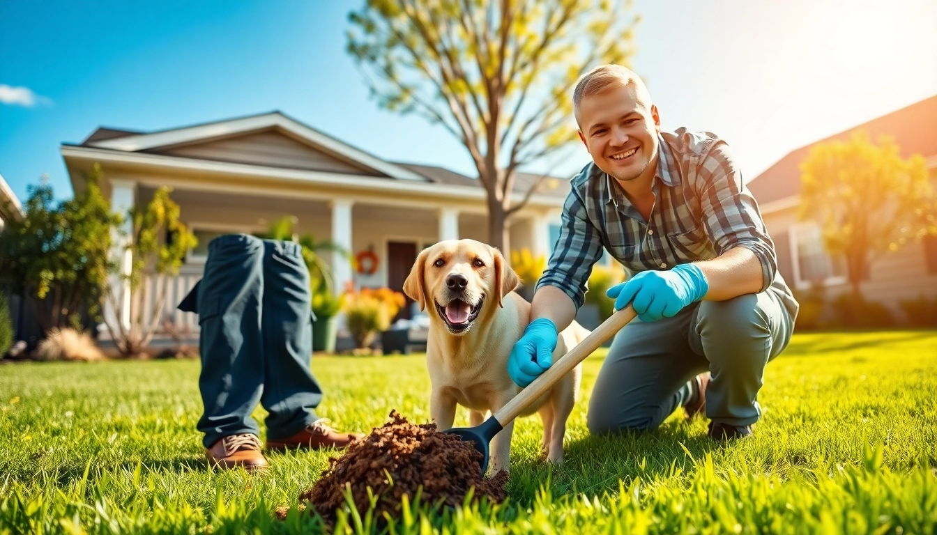 Technician providing dog poop cleaning service in a tidy backyard, showcasing professionalism and care.