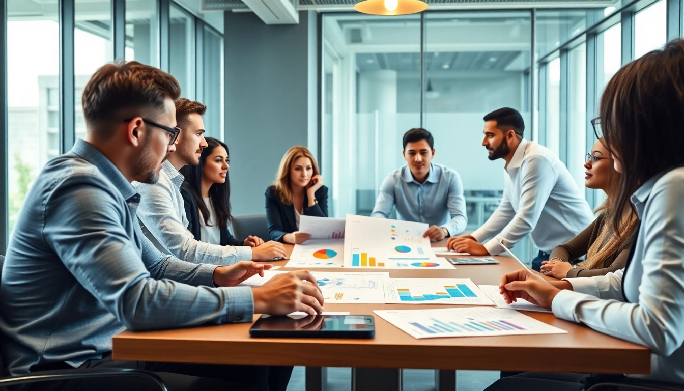 Engaging team discussing trade marketing strategies in a modern office