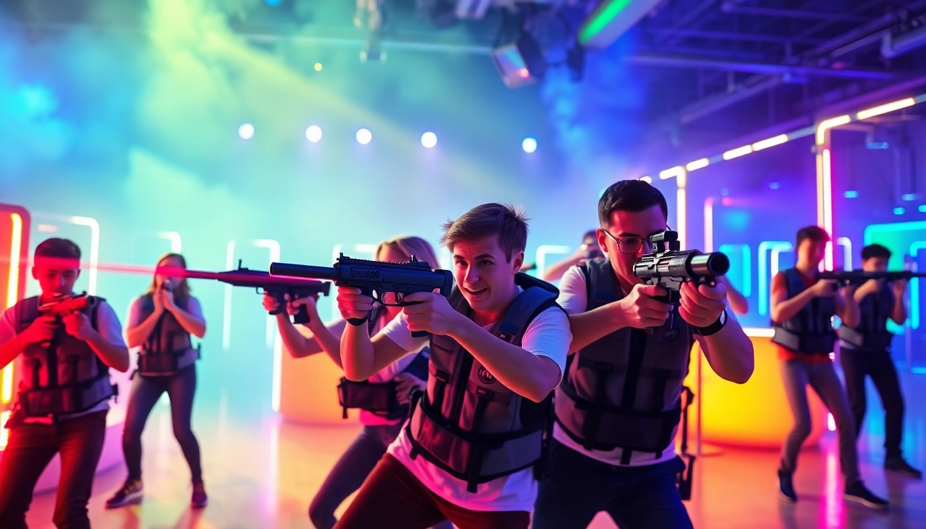 Players engaged in an exciting laser tag match in a neon-lit arena, showcasing teamwork and strategy.