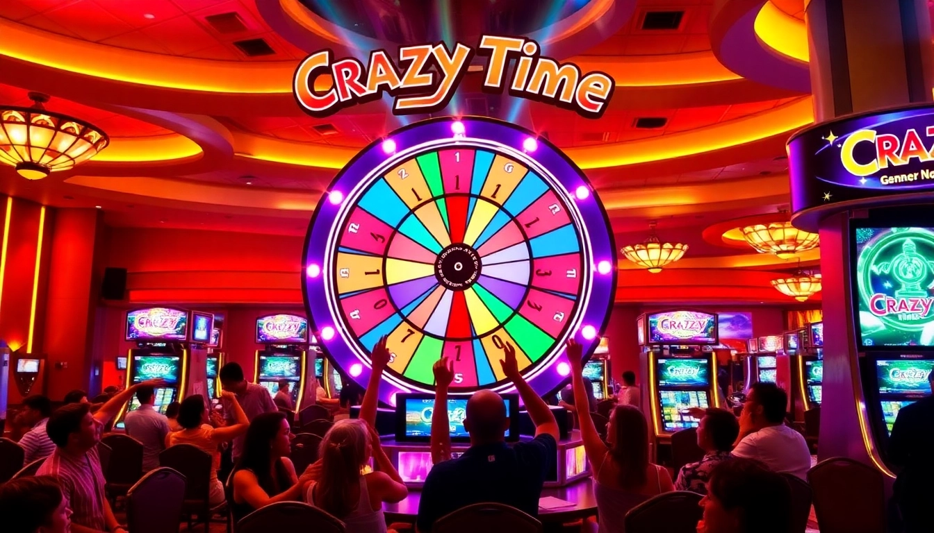 Analyze crazy time stats during the live game show with an illuminated wheel and enthusiastic players.