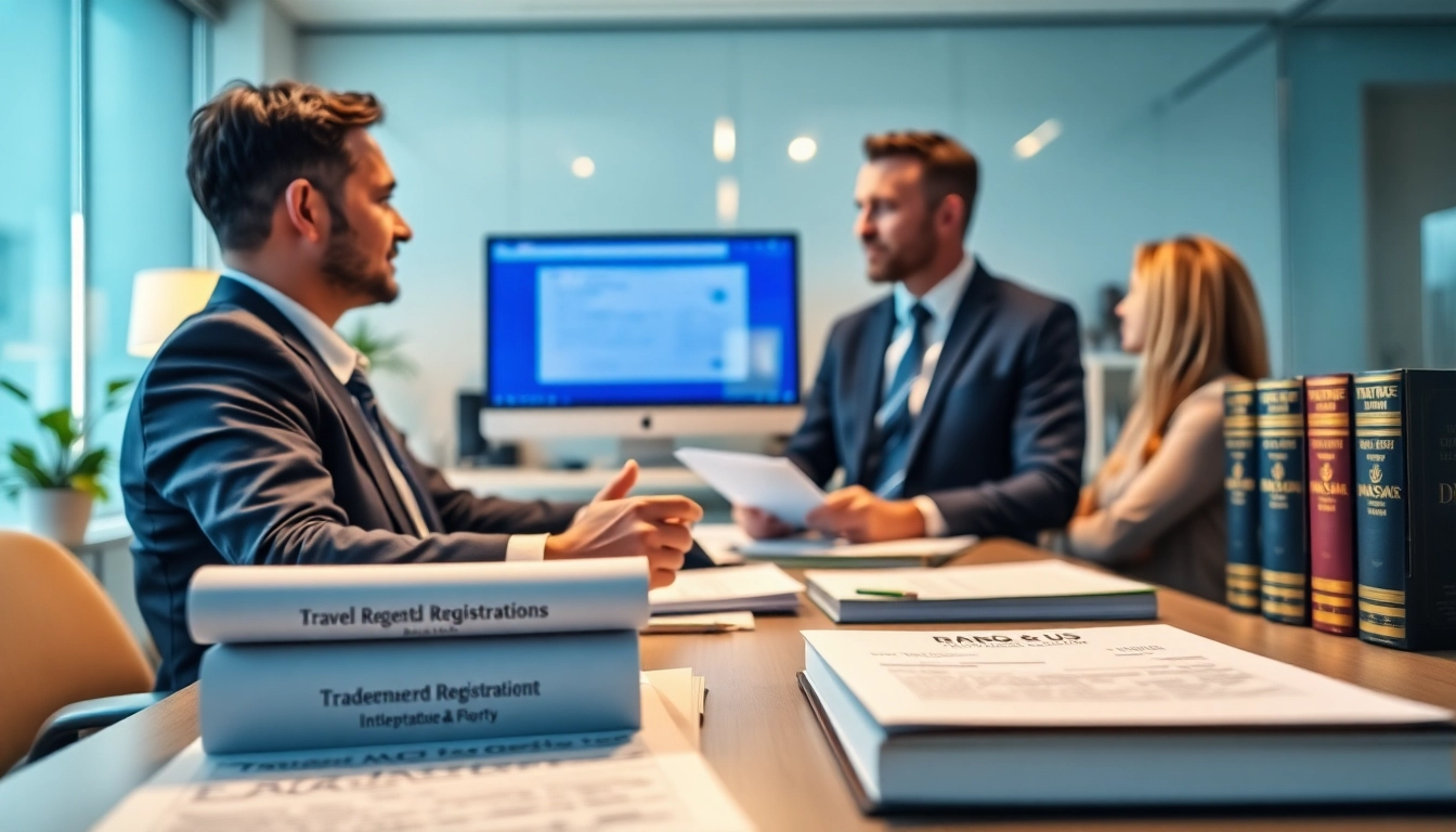 Engaging attorney guiding clients through trademark registration in India and US in an inviting office.