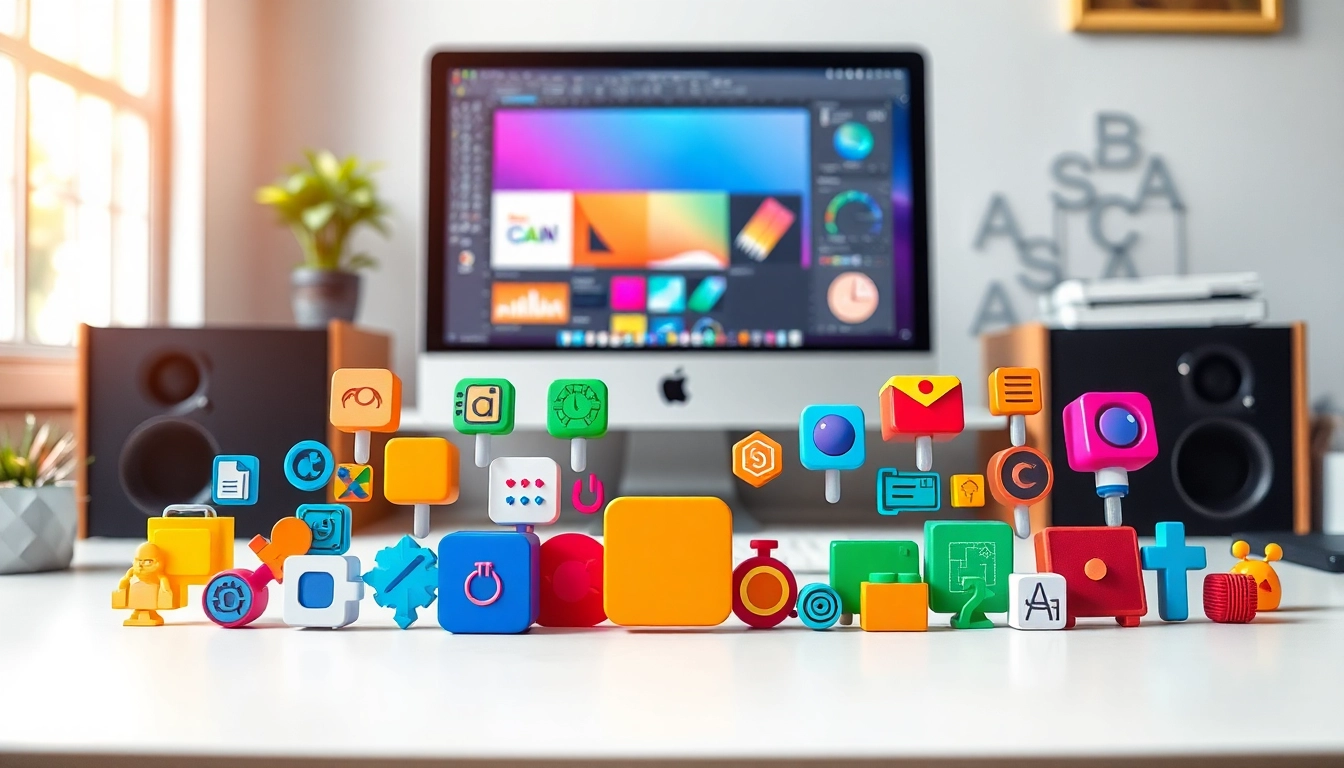 Showcase colorful Icons creatively arranged on a designer's workspace.
