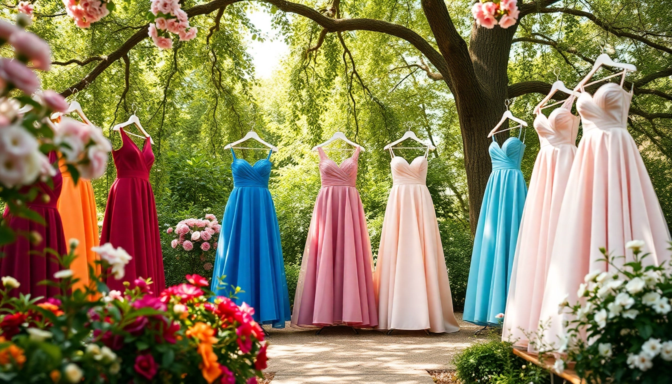 Explore beautiful coloured wedding dresses showcased in a vibrant garden setting.