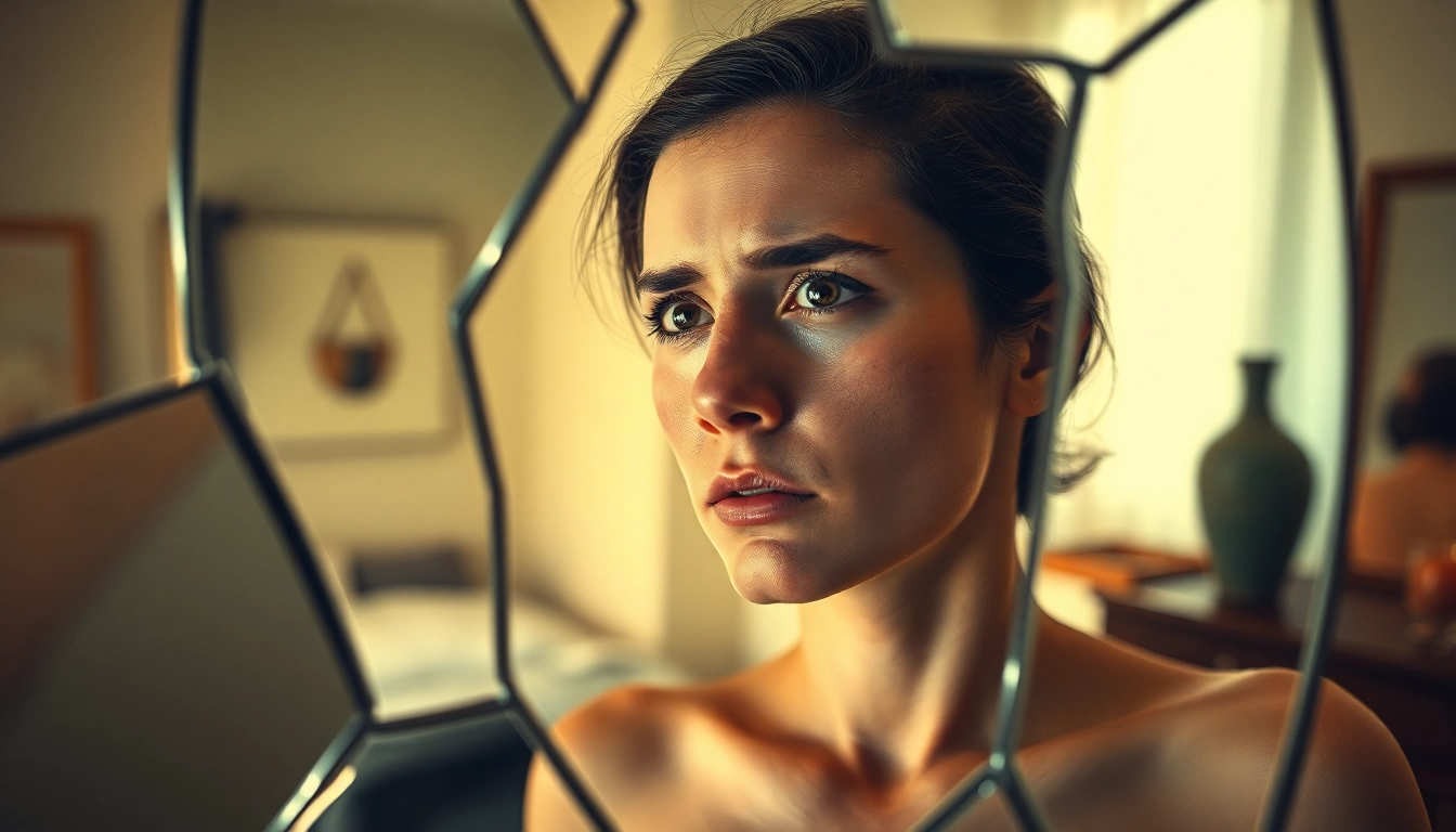 Reflecting on body dysmorphia as a person looks into a fragmented mirror in a calming setting.
