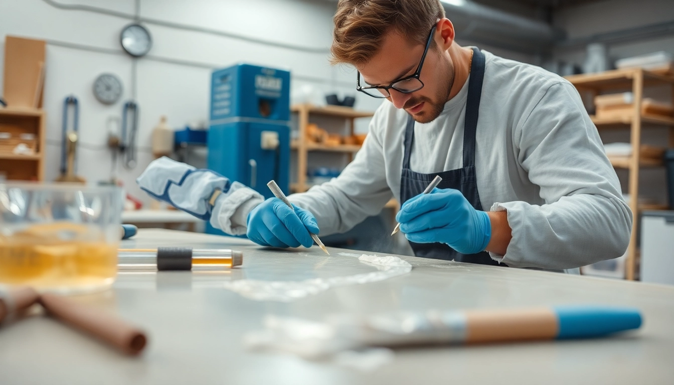 Laminating resin being applied by a professional artisan in a workshop with focused techniques.
