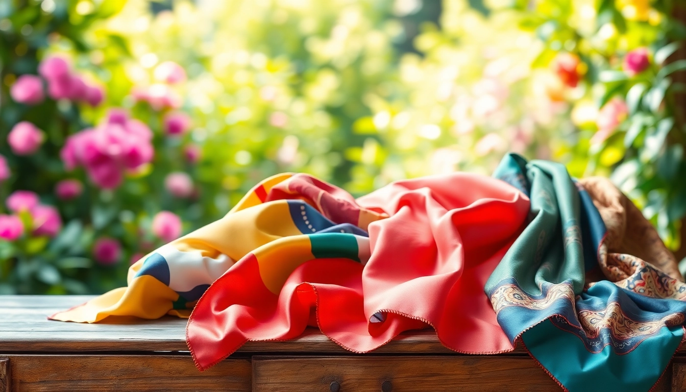 Showcase of vibrant silk scarves for women elegantly arranged on a wooden table.