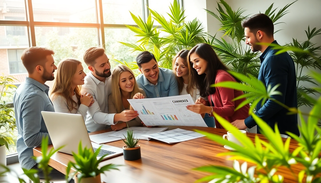 Engaged team at a cannabis marketing agency brainstorming creative strategies in a vibrant office setting.