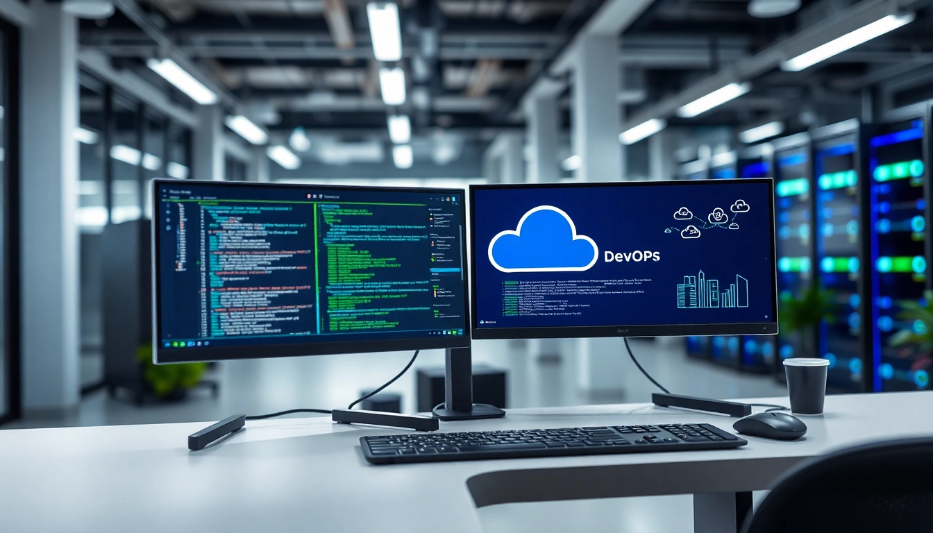 Showcasing cloud infrastructure and DevOps services in a modern technology workspace with coding displays.