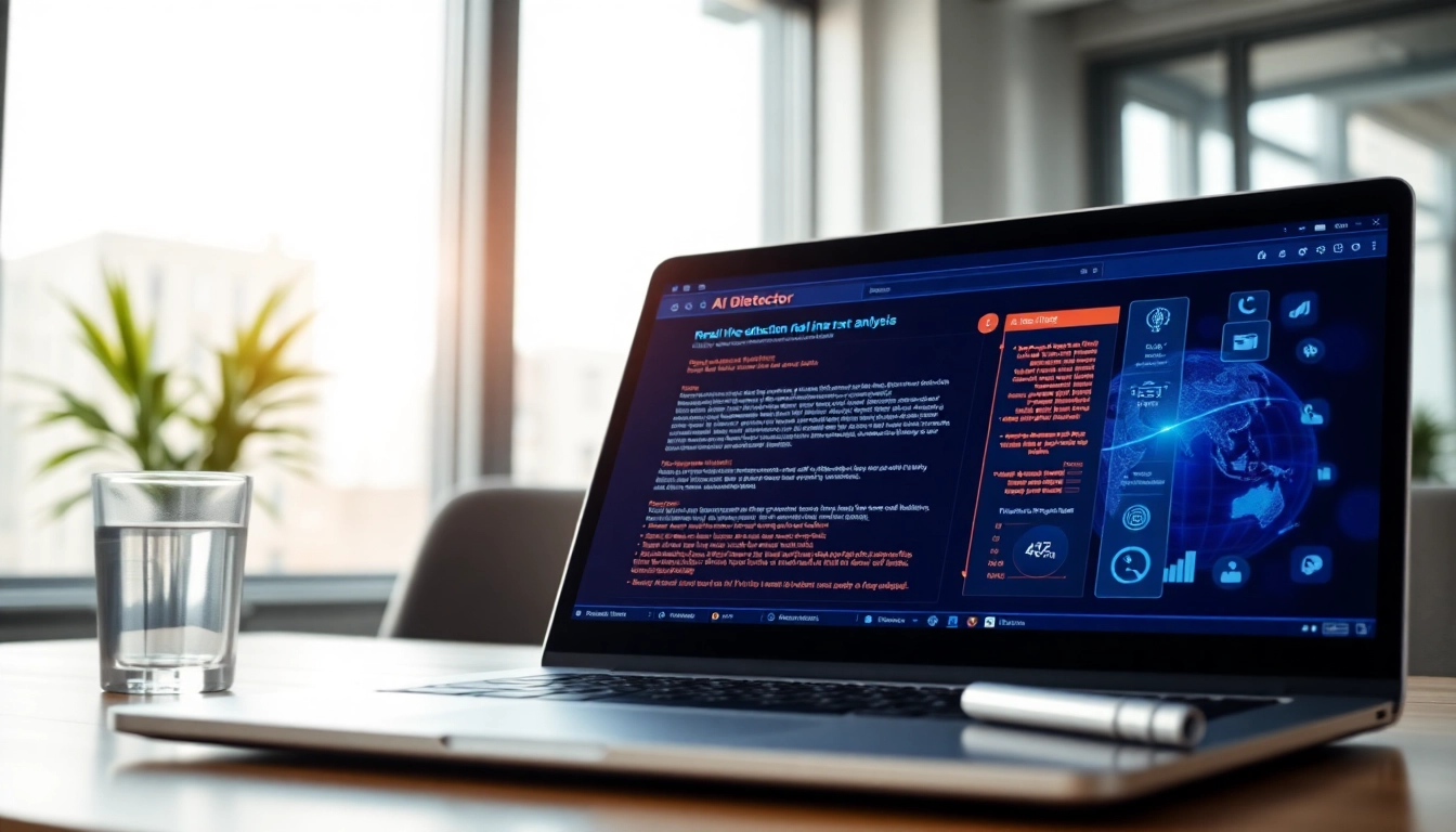 Analyze text with an ai detector tool displayed on a laptop screen in a bright office.