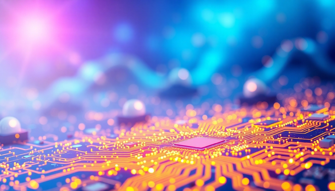 Visualize api for midjourney in a vibrant, futuristic digital landscape with glowing circuit textures.