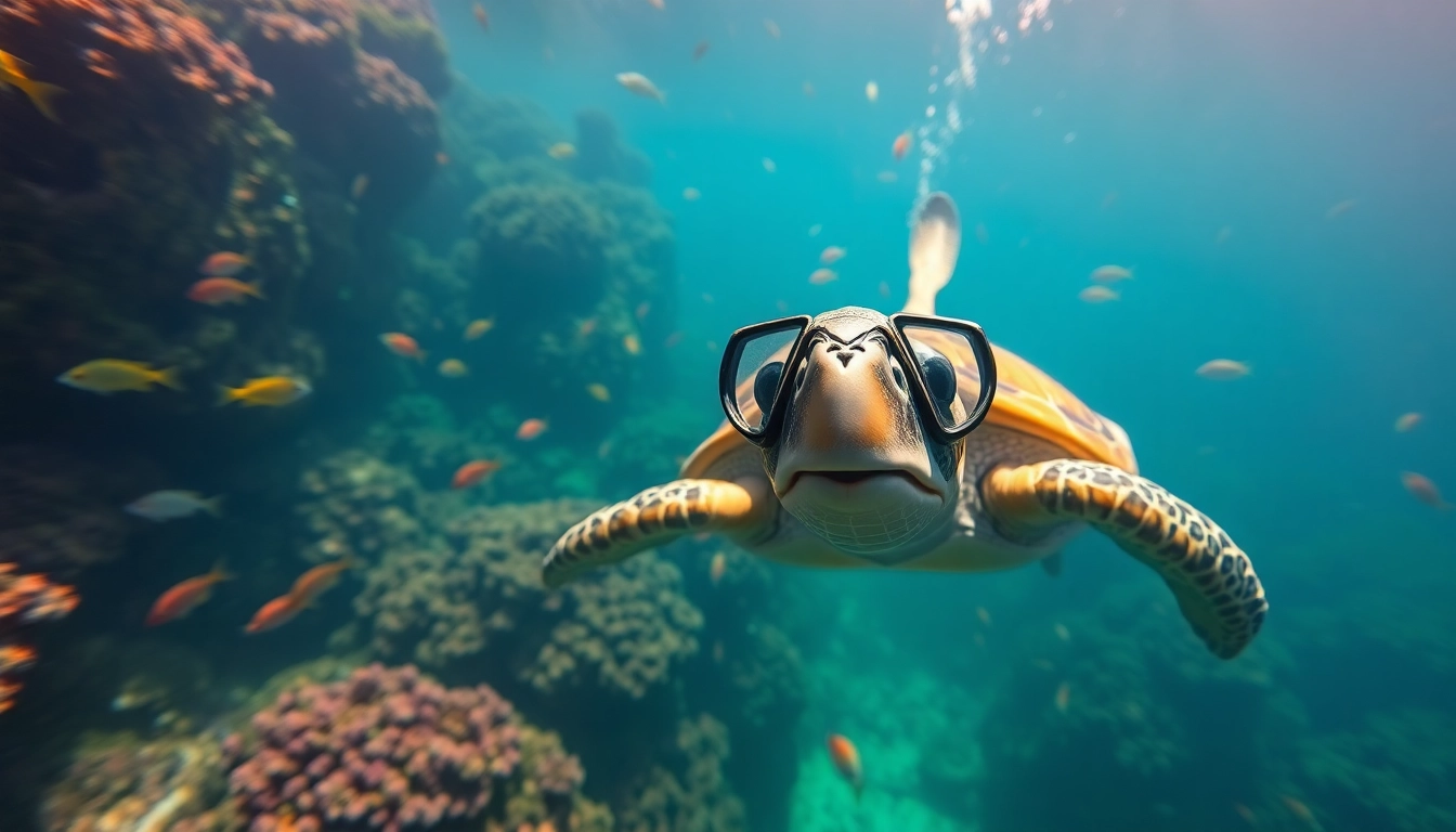 Engaging scene featuring a turtle snorkel surrounded by colorful marine life.