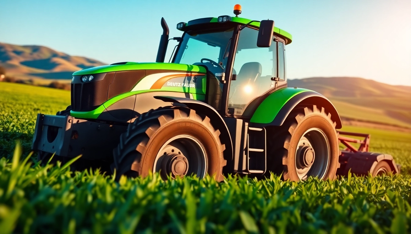 Deutz Fahr Traktor arbeitet effizient im grünen Feld und zeigt fortschrittliche Landwirtschaftstechnologie.