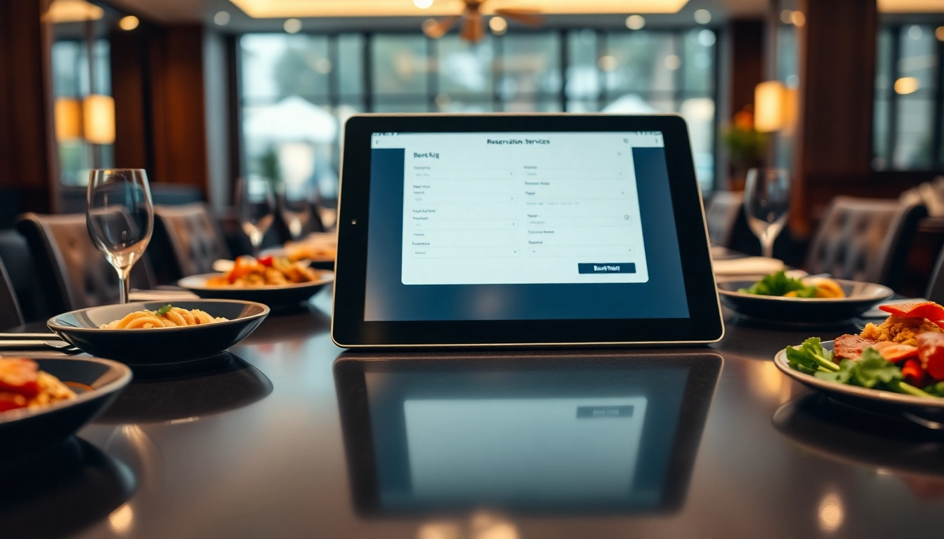 Reservation Services app interface displayed on a tablet amid an elegant dining setting.