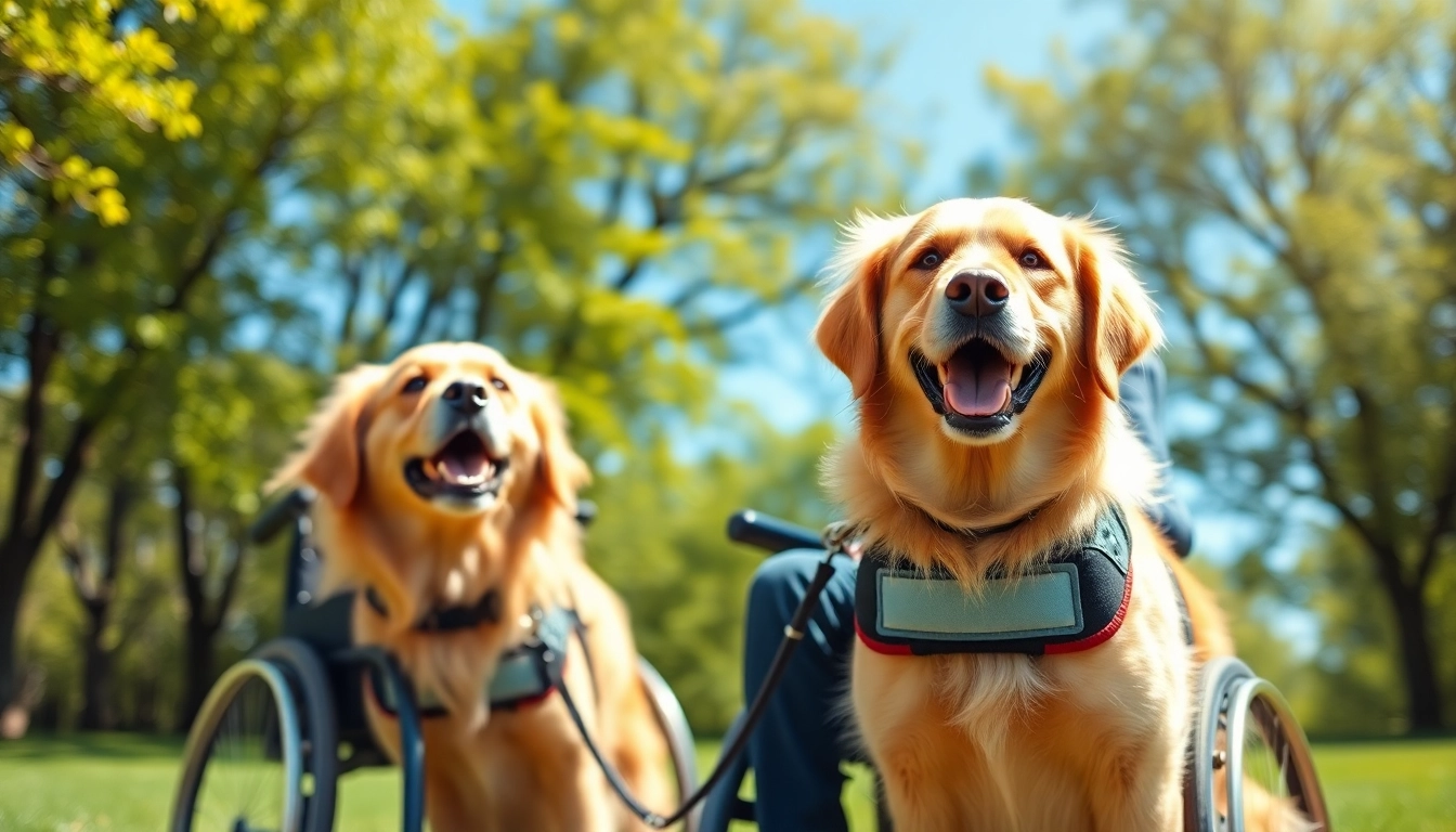 Get a service dog interacting joyfully outdoors with a person in a wheelchair in a sunny park.