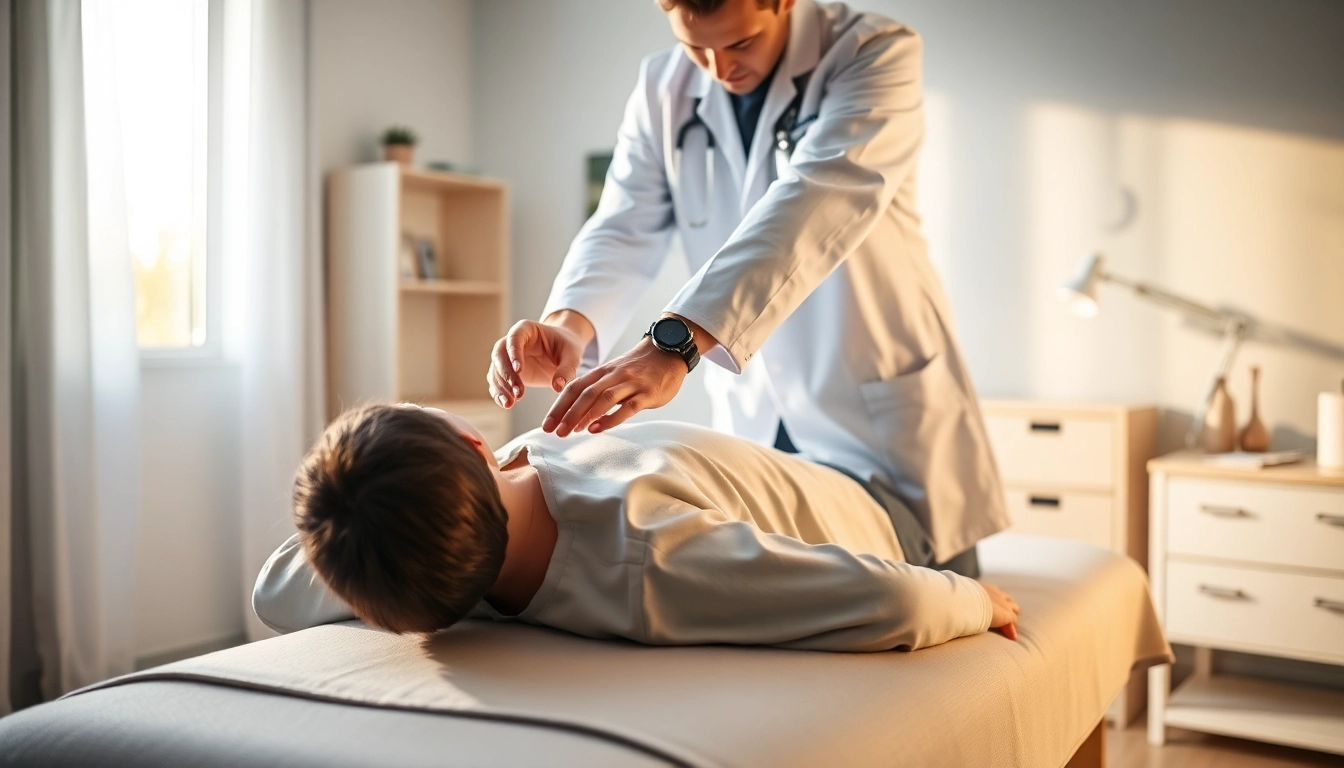 Chiropractor near me demonstrating adjustment techniques in a serene clinic.