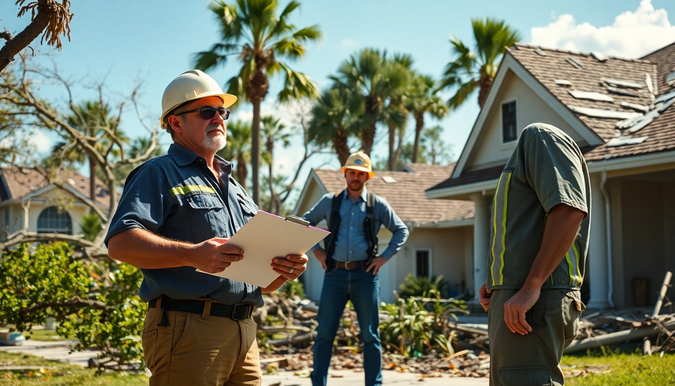 Assessing Florida hurricane damage with contractors evaluating a residential property in distress.
