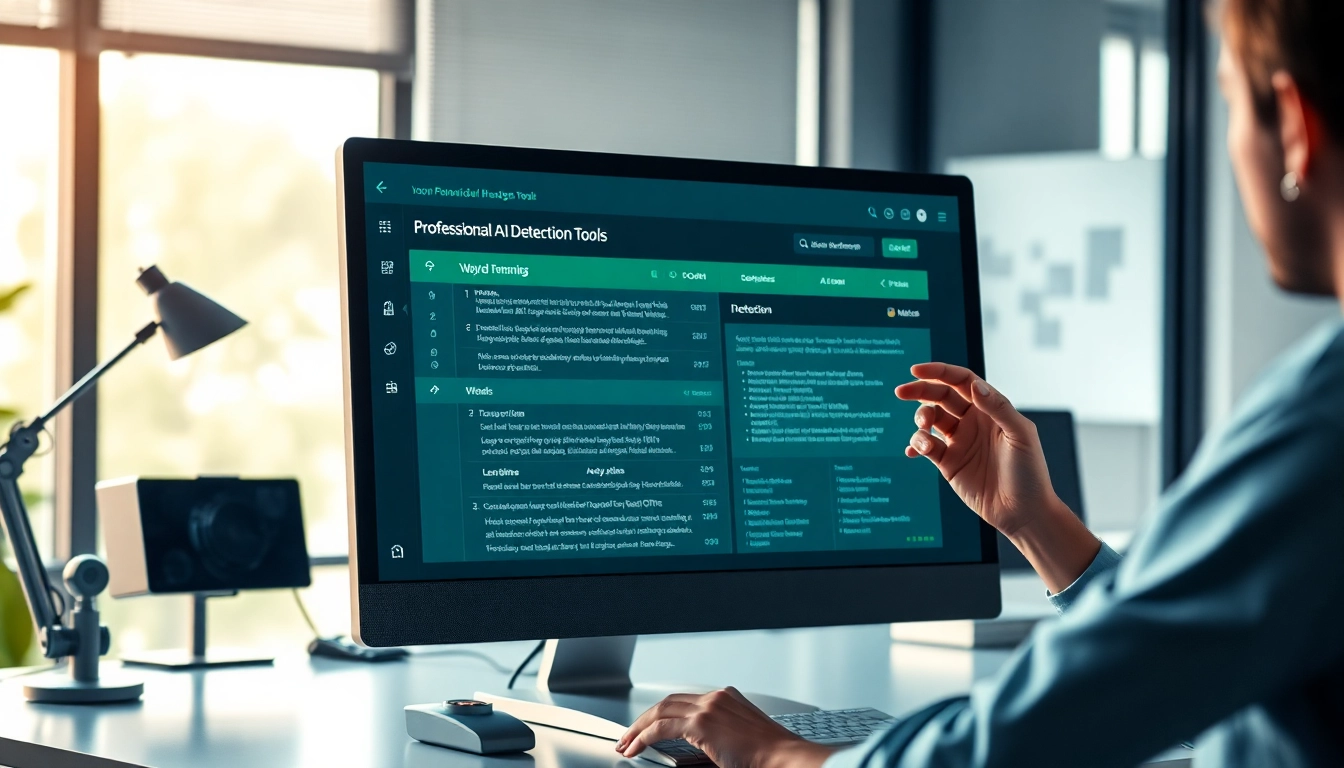Analyze AI detection results on a sleek interface in a modern office environment.