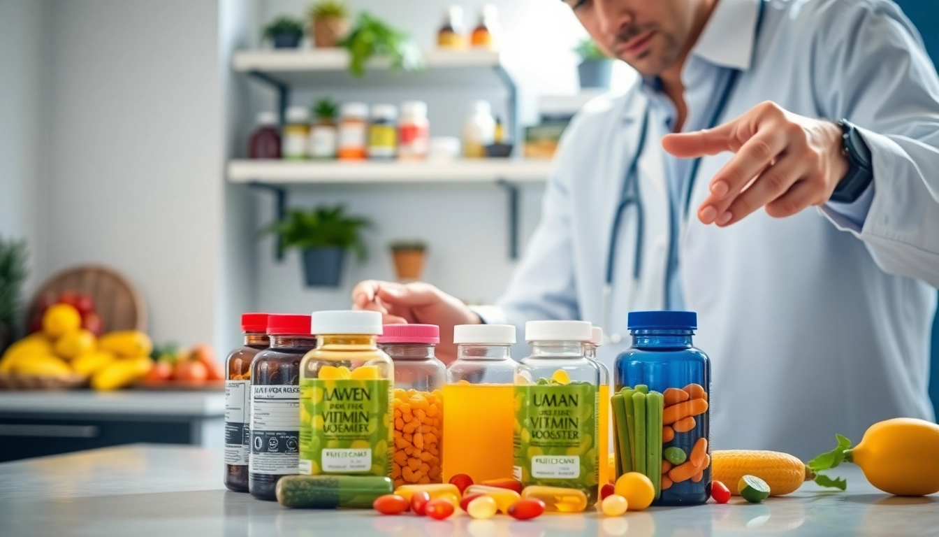 Showcase of vitamin boosters with colorful bottles promoting health and wellness.