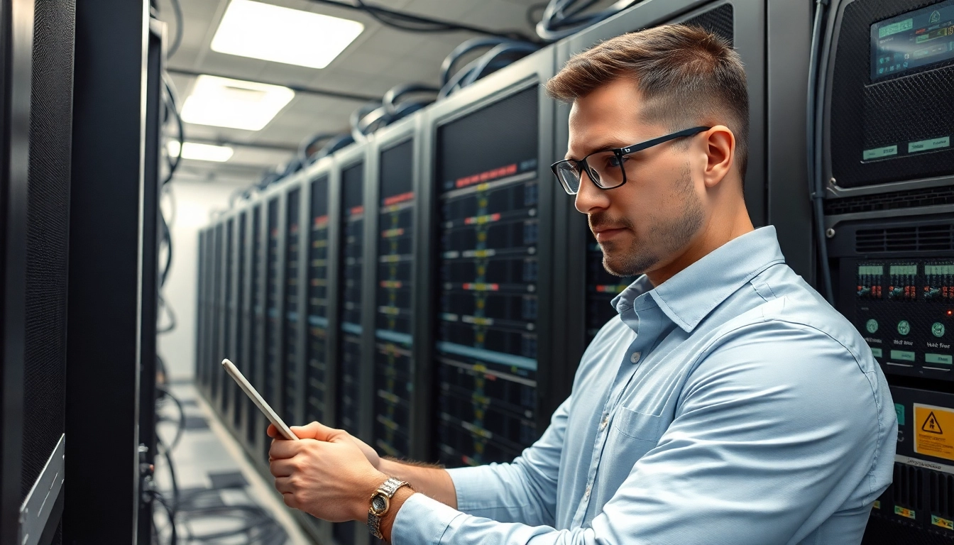 Optimize server management with a technician managing multiple server racks in a professional setting.