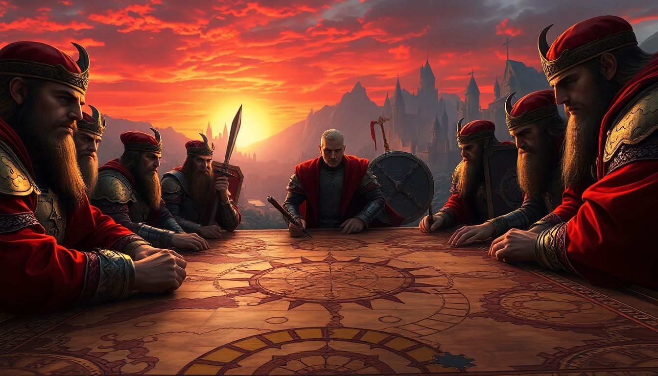 Warlords strategizing in a fantasy battle scene with armor and weapons on an intricate map.