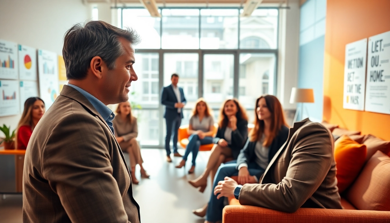 Engaging business coaching service session, highlighting interaction in a modern office.