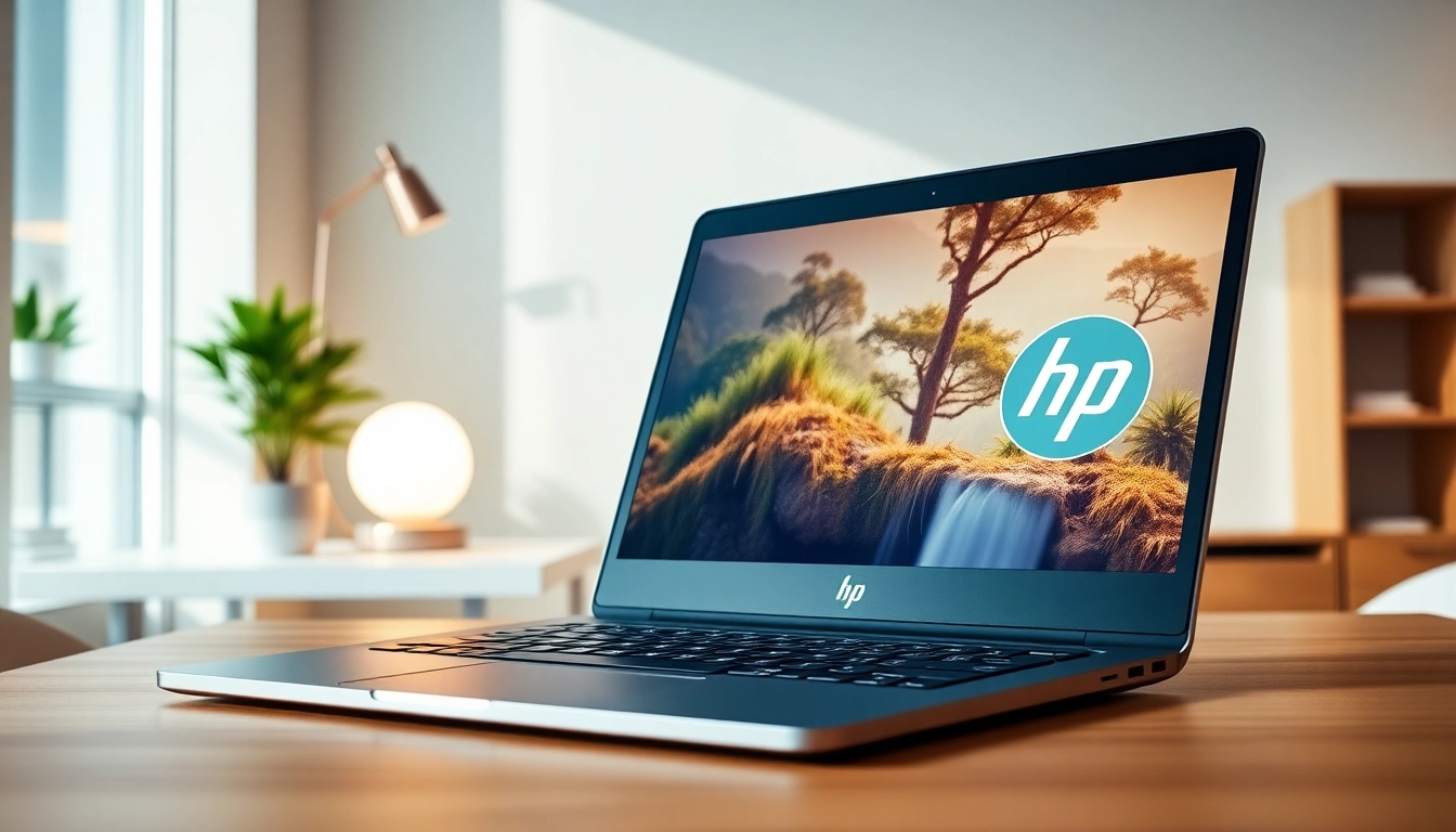 Showcasing an HP Laptop with vibrant display in a contemporary office setting