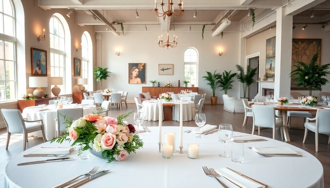 Decorative table setup at le lieu, showcasing elegant floral arrangements and candles in a spacious event space.