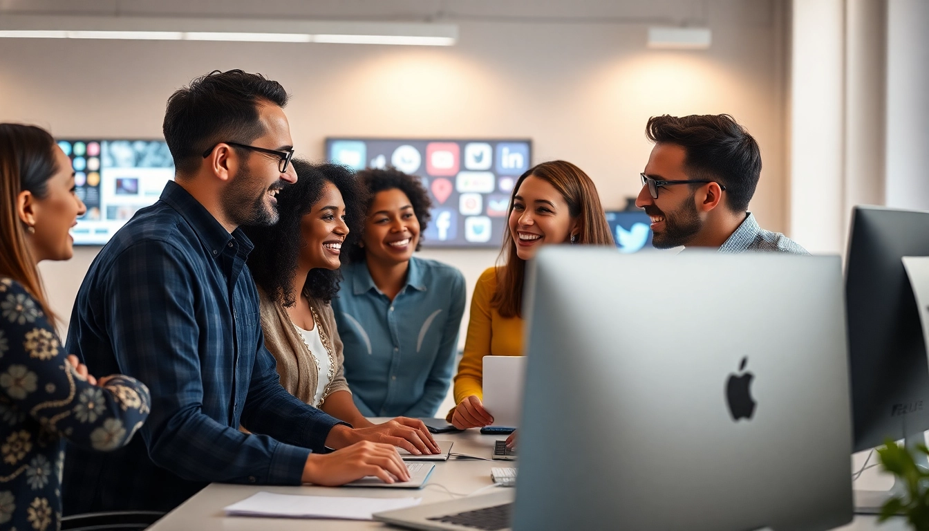 Engaging team collaborating on Social media and blog automation strategies with vibrant digital tools.