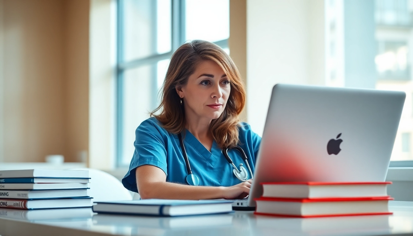 Engaged nurse studying nursing ceus in a modern learning environment.