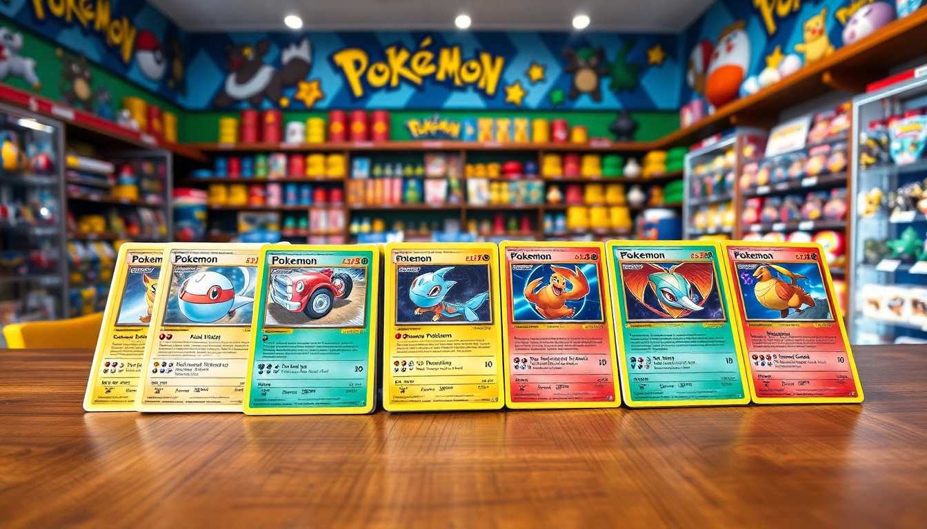 Showcase of real pokemon cards featured at a vibrant game store display.