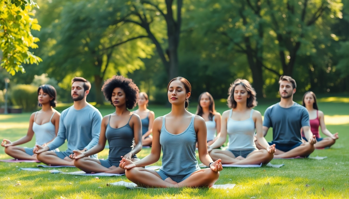 Engaging mindfulness meditation for relaxation in a serene park setting, showcasing peaceful practitioners.