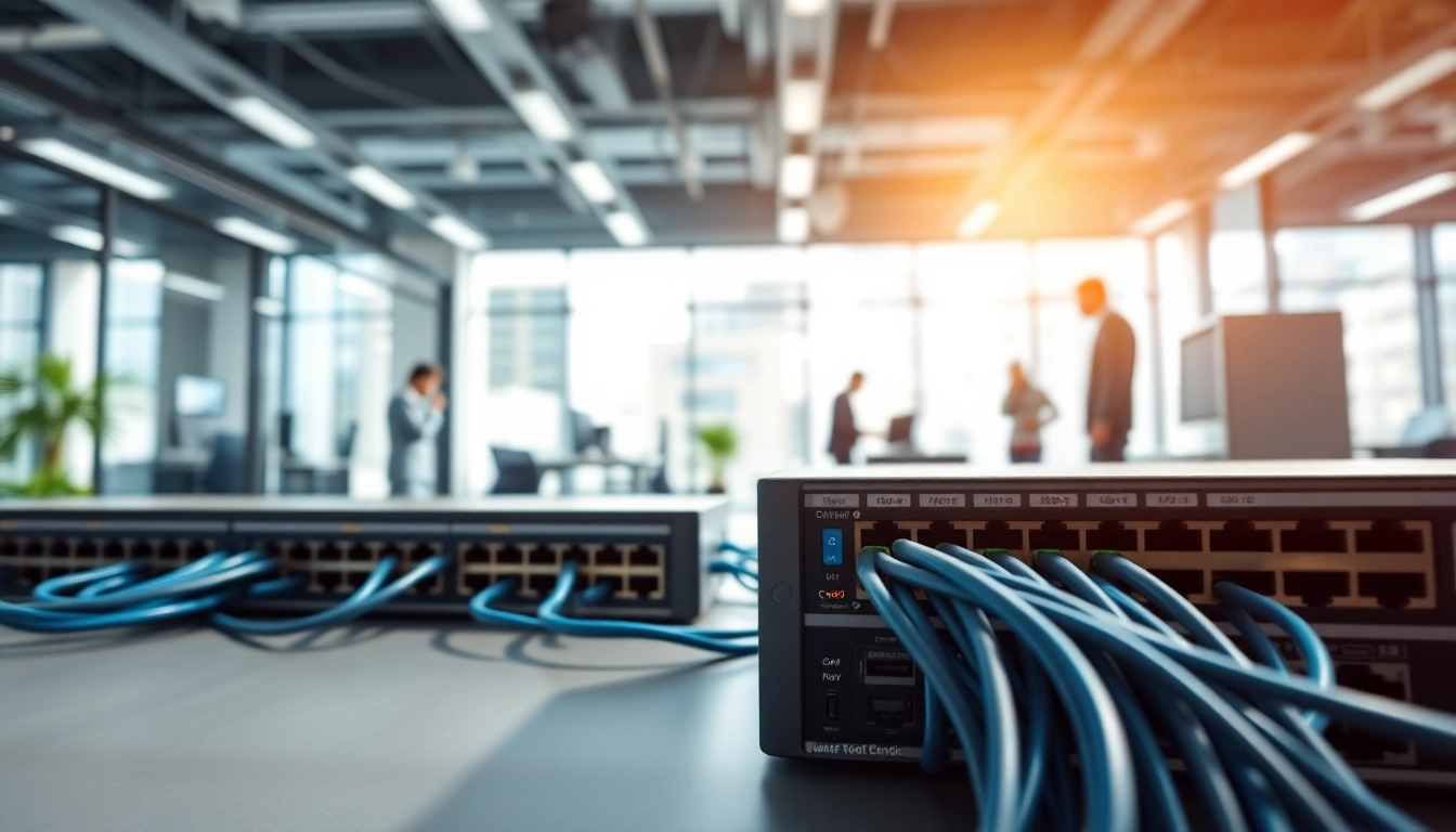 Visualize network infrastructure components, showcasing advanced routers and devices in a corporate setting.