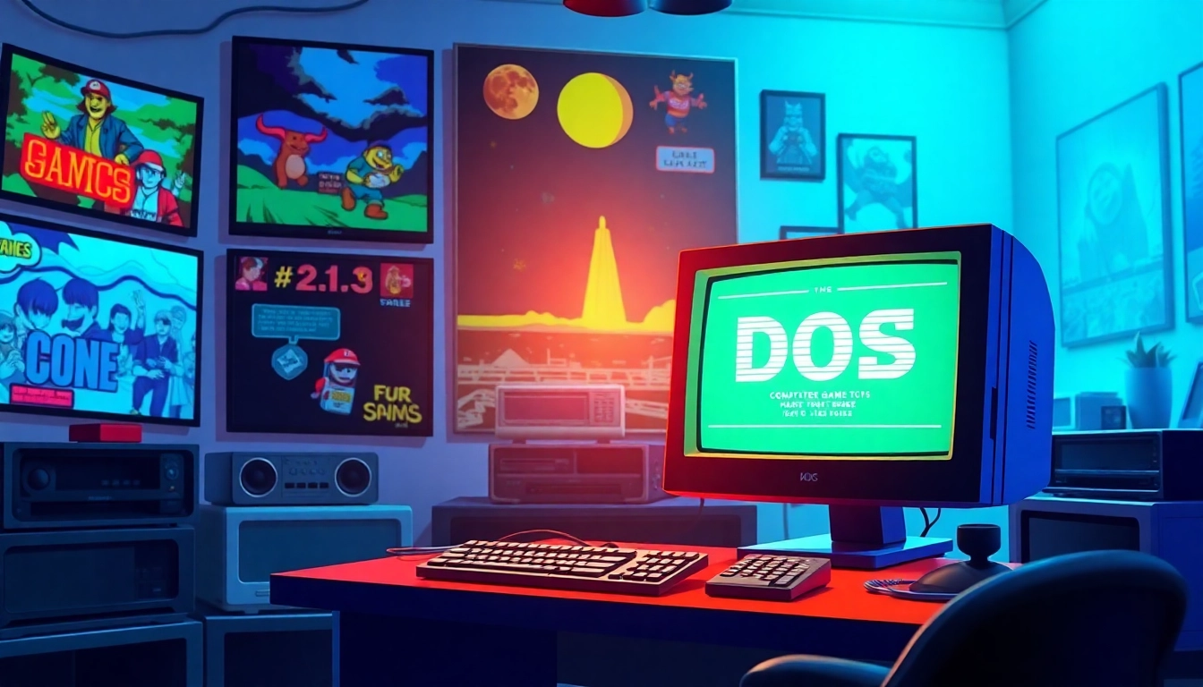 Download dos games download with a retro gaming setup featuring classic DOS game characters and modern technology.